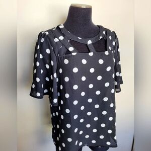 A.U.W. Polka Dot Blouse Black White Strappy Flounce Sleeve Teacher Office Medium